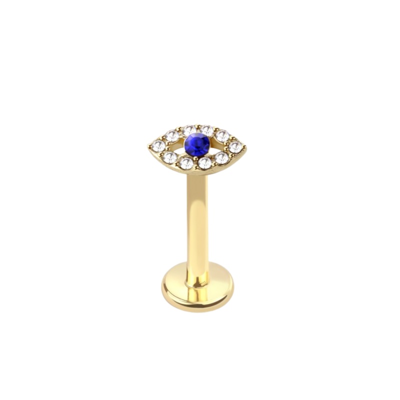 Internally Threaded CZ Crystal Evil Eye Flat Back Stud – 316L Stainless Steel Gold