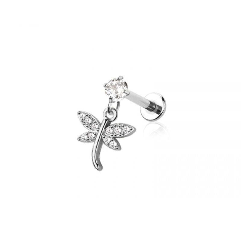 Internally Threaded Dangling CZ Crystal Dragonfly Flat Back Stud – 316L Stainless Steel Gold