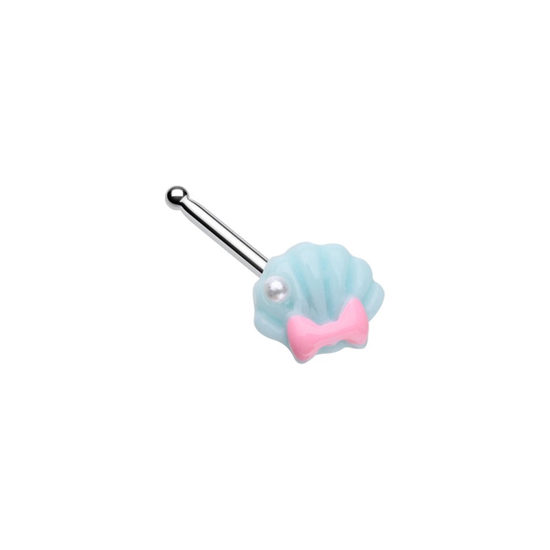 Pastel Blue Kawaii Shell with Pink Bow Nose Bone Stud – Stainless Steel