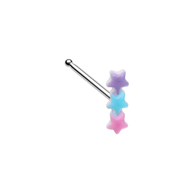 Pastel Purple, Blue, and Pink Kawaii Triple Star Nose Bone Stud – Stainless Steel