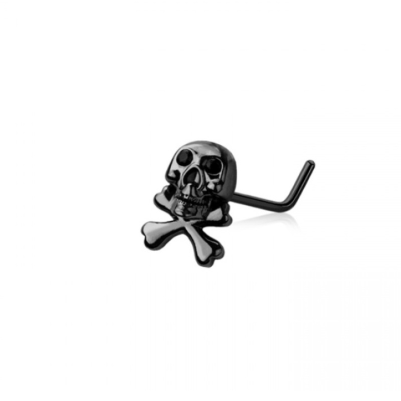 Pirate Skull L-Bend Nose Stud – Black 316L Stainless Steel