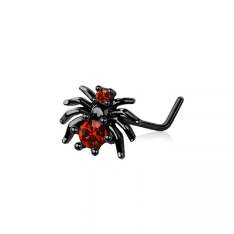 Red CZ Crystal Spider L-Bend Nose Stud – Black 316L Stainless Steel