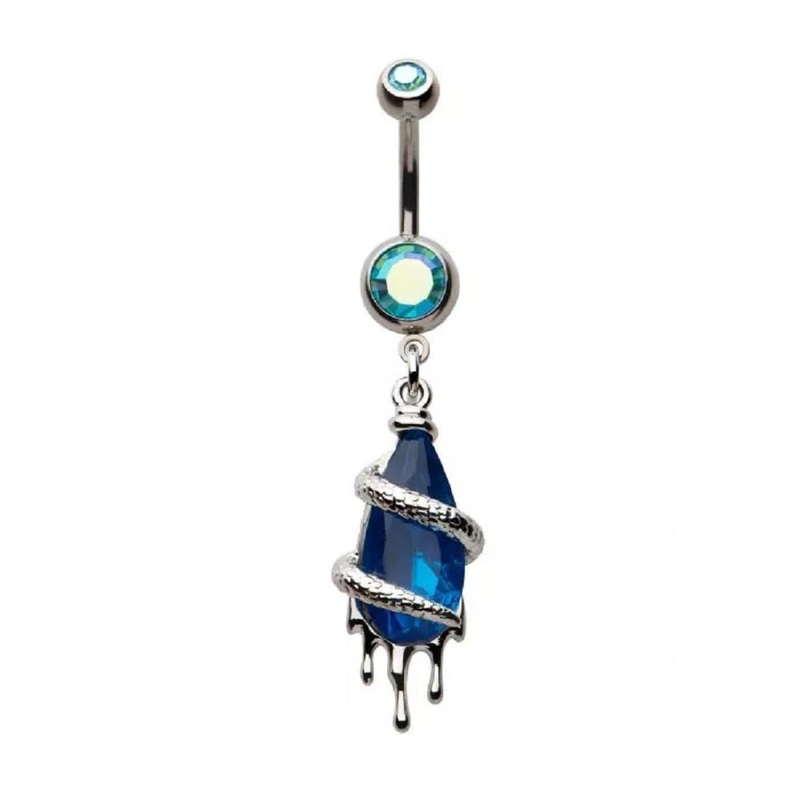 Snake Wrapped Dripping CZ Crystal Dangling Belly Button Ring – 316L Stainless Steel Blue