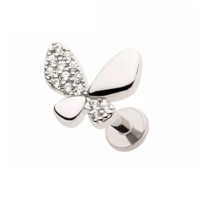 Threadless CZ Crystal Paved Butterfly Flat Back Stud – 316L Stainless Steel