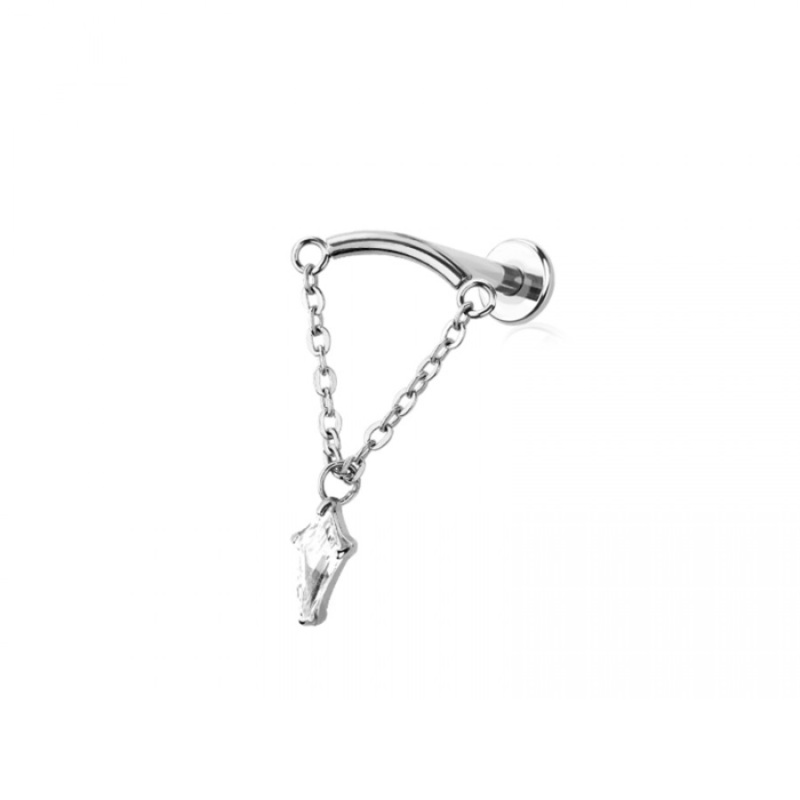 Threadless Push-In Curved Bar with Dangling Chain and Marquise Shaped CZ Crystal Hidden Helix Flat Back Stud – 316L Stainless Steel Gold