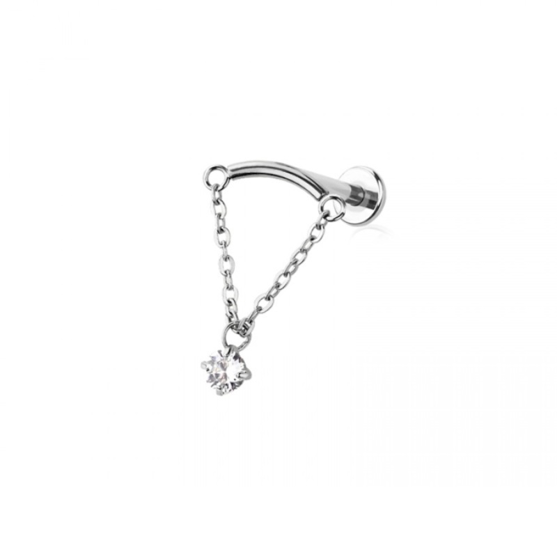 Threadless Push-In Curved Bar with Dangling Chain and Round CZ Crystal Hidden Helix Flat Back Stud – 316L Stainless Steel Gold