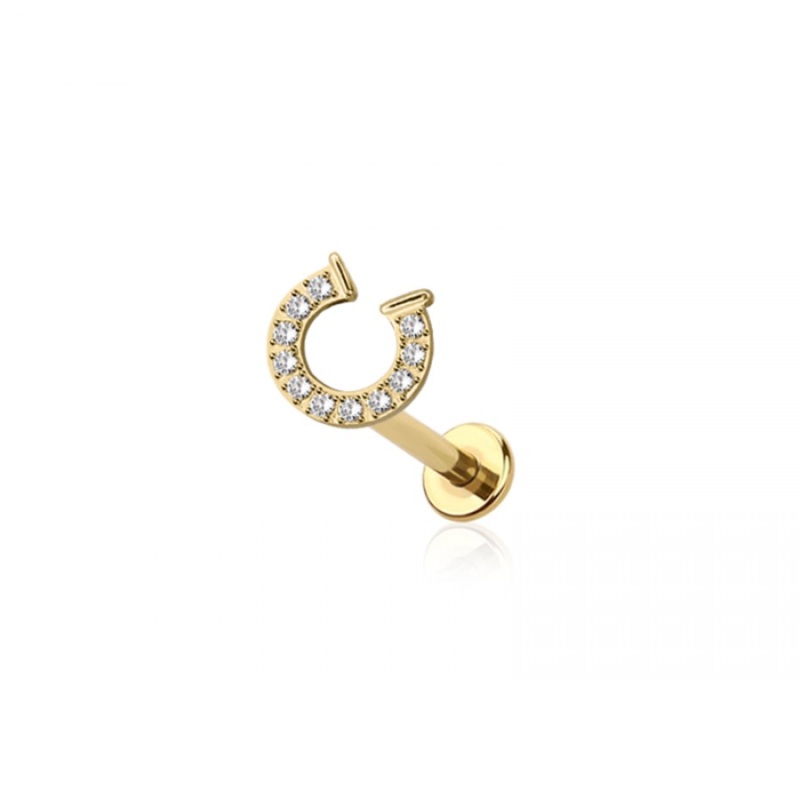 Threadless Push-In CZ Crystal Paved Horseshoe Flat Back Stud – 316L Stainless Steel Gold