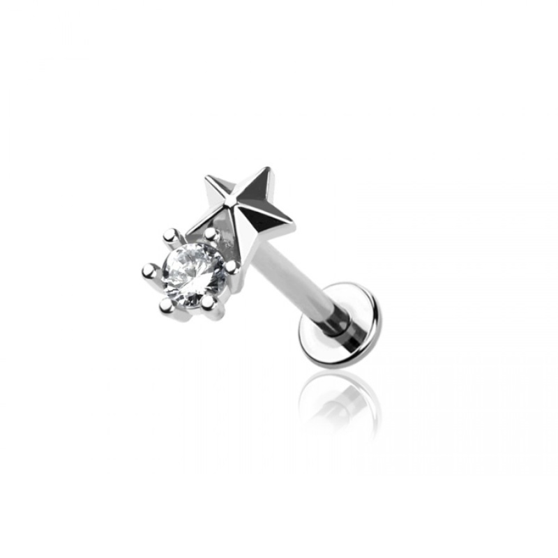 Threadless Push-In Round CZ Crystal and Star Flat Back Stud – 316L Stainless Steel Gold