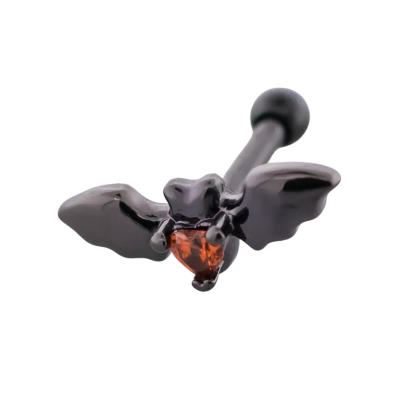 Black Bat with CZ Crystal Heart Gem Barbell Stud – 316L Stainless Steel