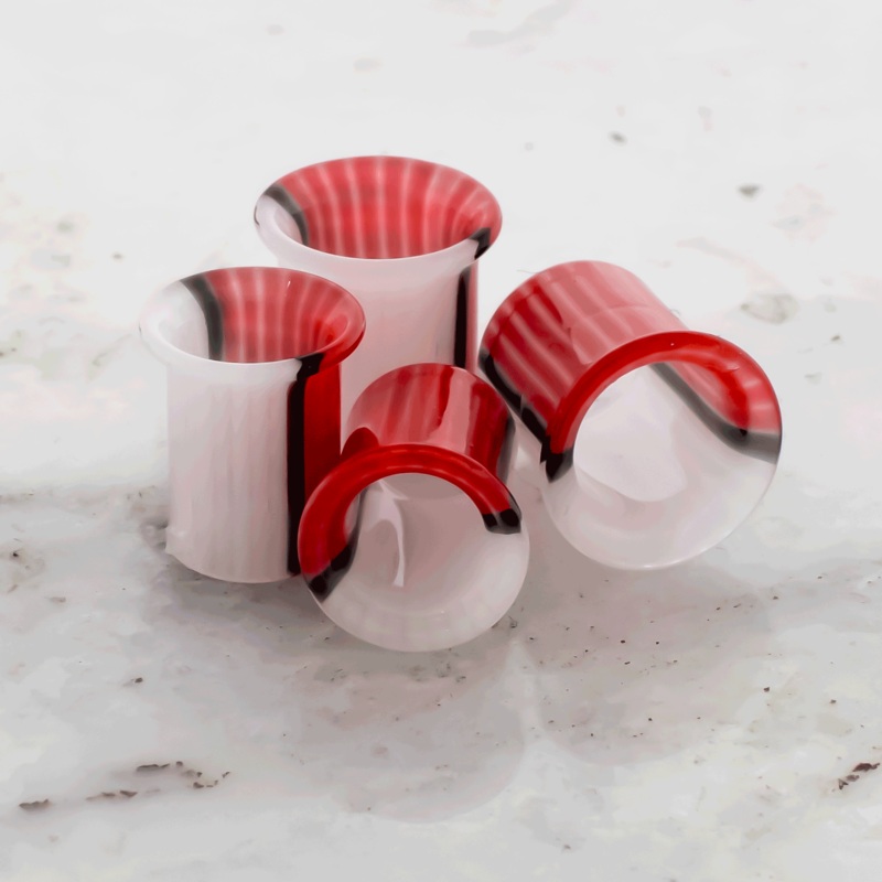 Pair Red and White Ball Glass Single Flare Tunnels 0G (8mm) 8mm (5/16″)