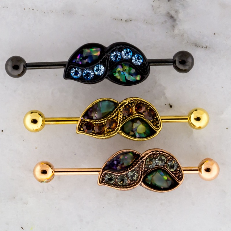 14G Abalone Shell Inlay Industrial Barbell Black / Aquamarine