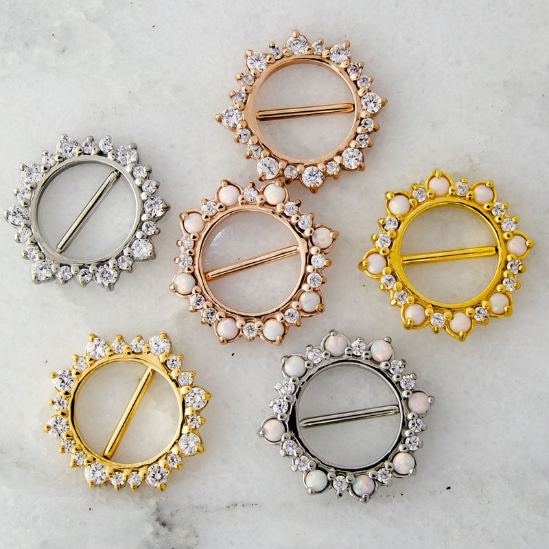 14G Alternating Gemstone or Opal Nipple Shield Gold / Clear