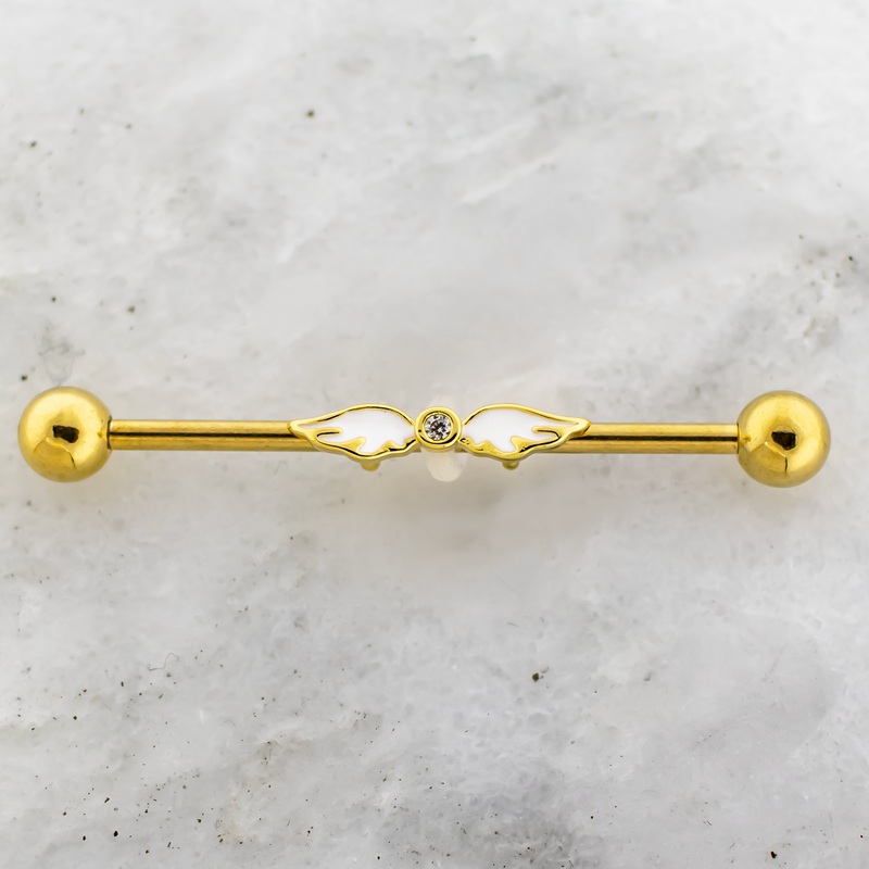 14G Angel Wings With Gem Industrial Barbell Gold