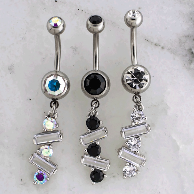 14G Baguette and Round Gem Navel Ring Black