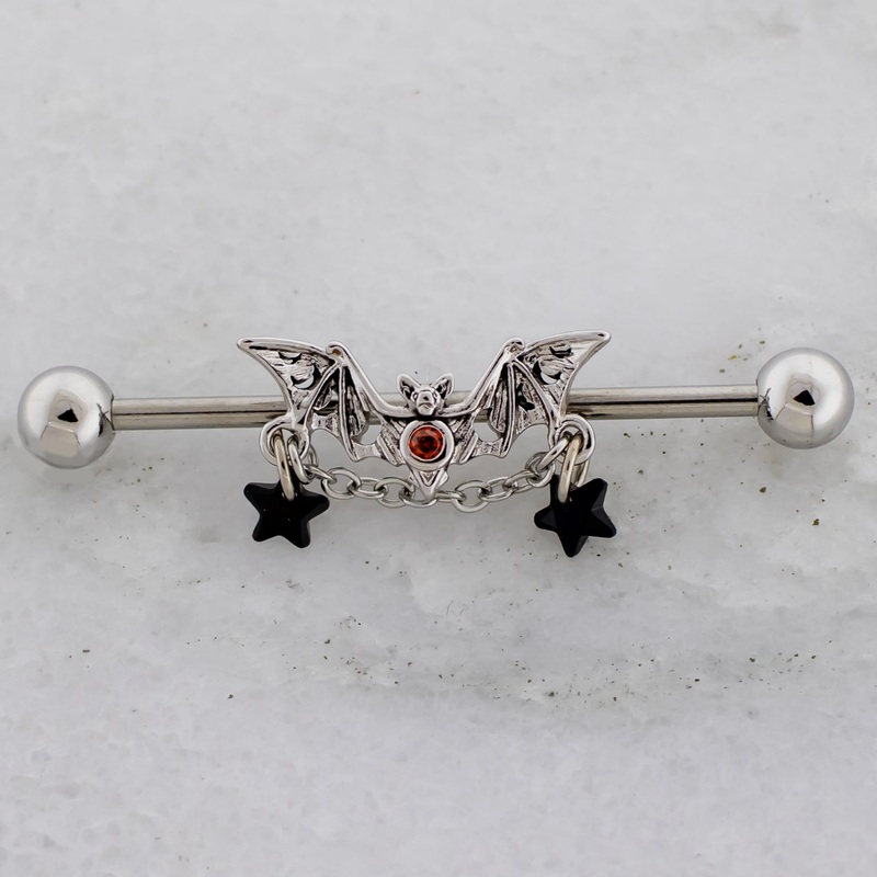 14G Bat With Chain Opal Stars Industrial Barbell High Polish / Black Opal Star