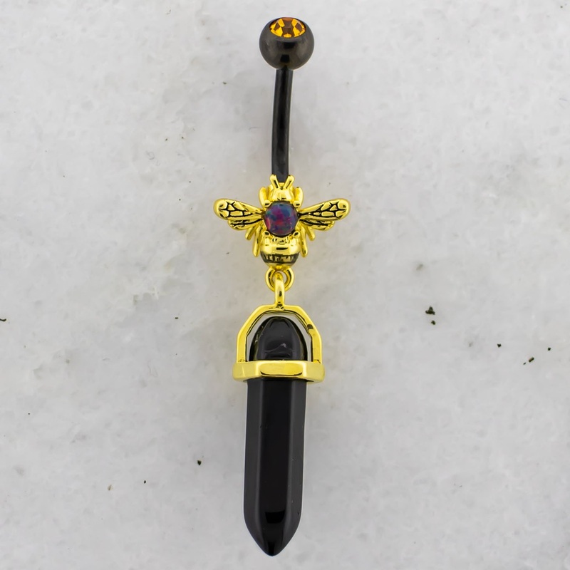 14G Bee and Crystal Navel Ring Black