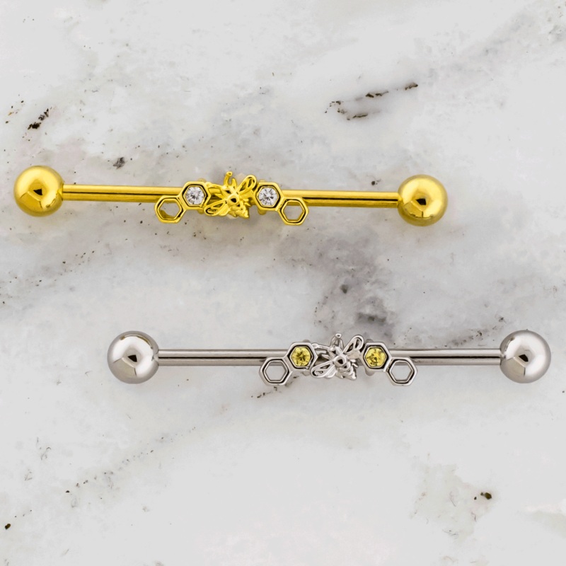 14G Bee and Honeycombs Industrial Barbell High Polish / Citrine