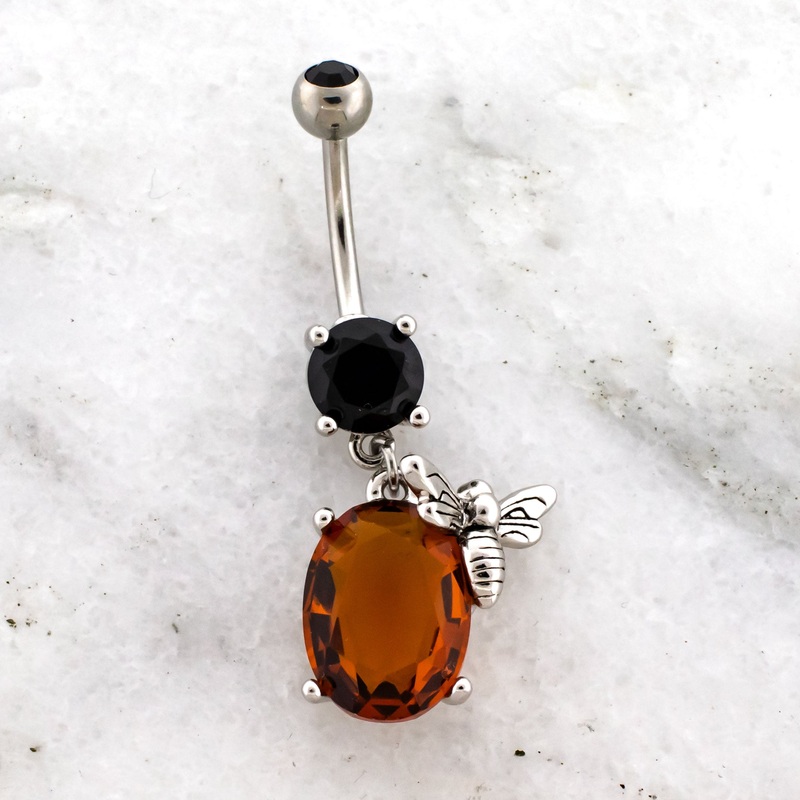 14g Bee with Amber Gem Navel Ring Black