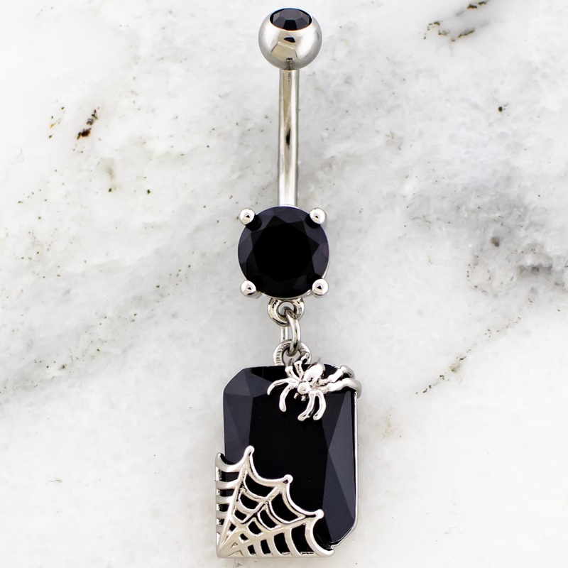 14G Black Baguette Gem With Spider Navel Ring Black