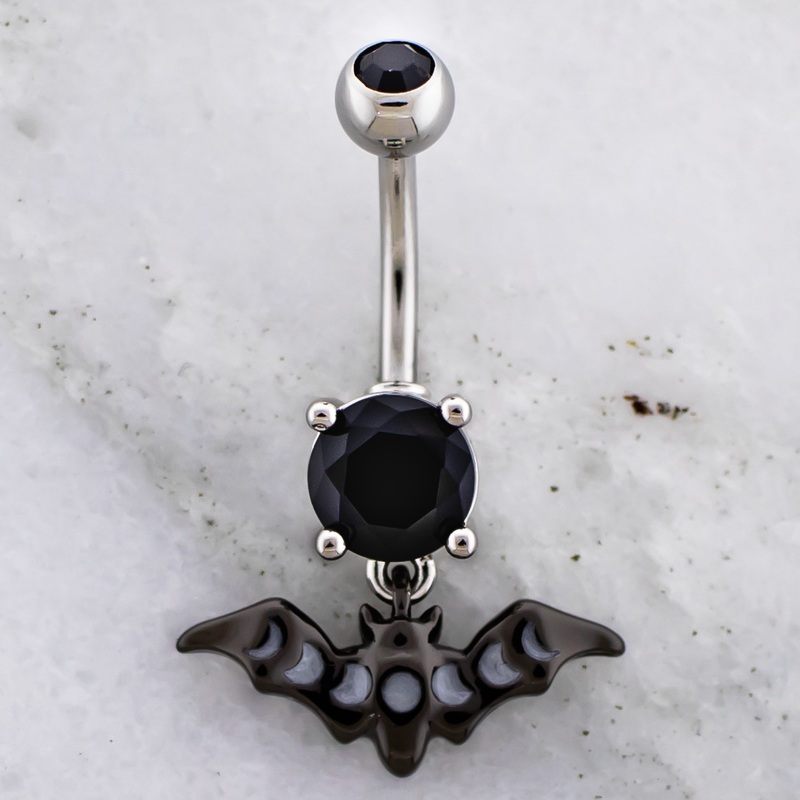 14G Black Bat With Moon Phases Navel Ring Black