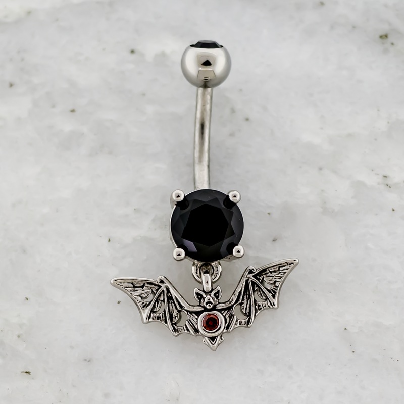 14G Black Bat With Red Gem and Moon Phases Navel Ring Black