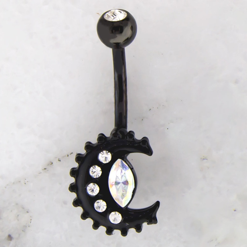 14G Black Crescent Moon With AB Gem Navel Ring Black