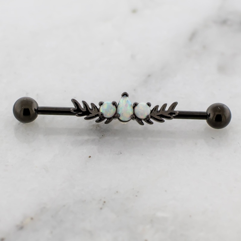 14G Black Olive Leaves With Opal Industrial Barbell Black