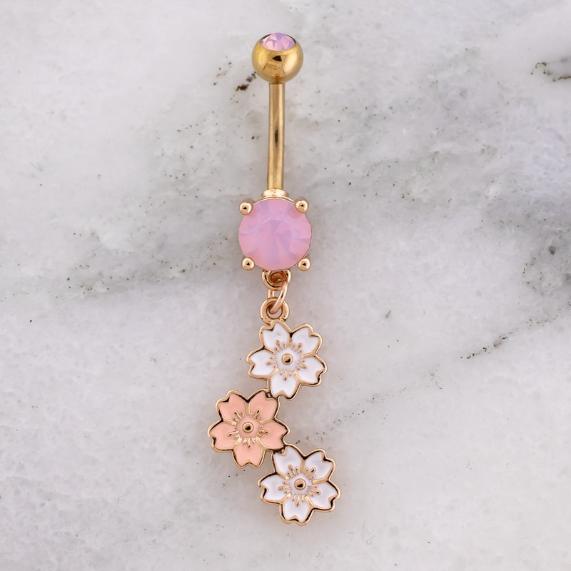 14G Blossom Floral Navel Ring Rose Quartz