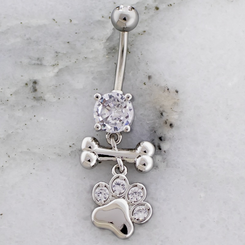 14G Bone and Pawprint Navel Ring Clear