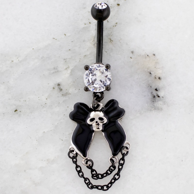 14G Bow Skull With Chains Navel Ring Clear