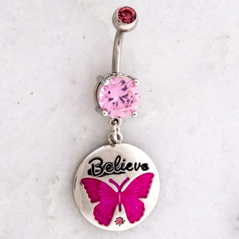 14G Breast Cancer Awareness Butterfly Believe Navel Ring Pink