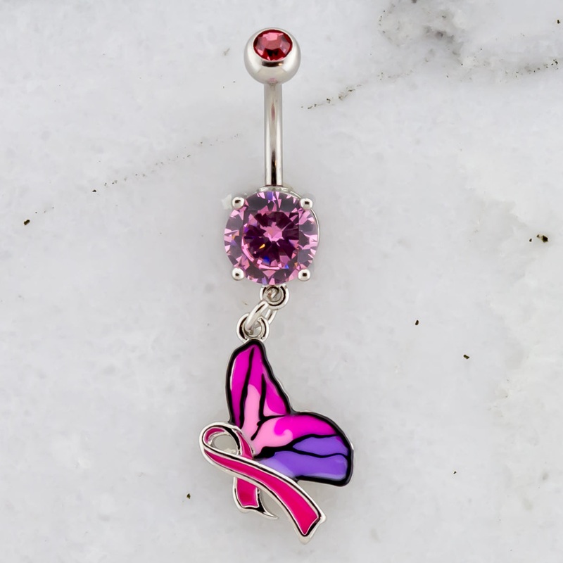 14G Breast Cancer Awareness Butterfly with Ribbon Navel Ring Pink