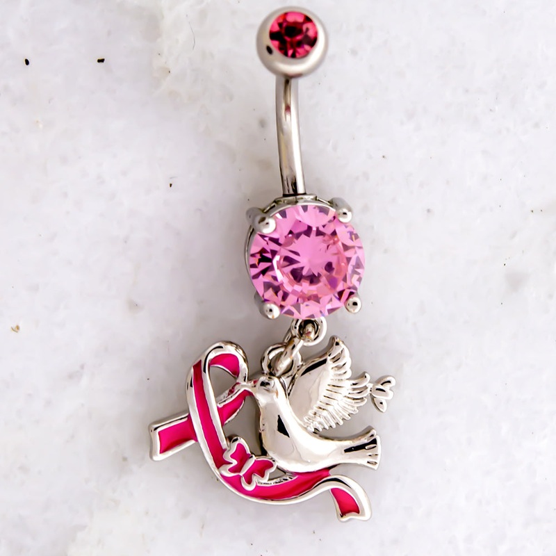 14G Breast Cancer Awareness Dove Ribbon Navel Ring Pink