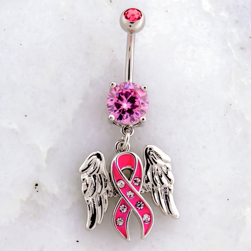 14G Breast Cancer Awareness Gem Ribbon Wings Navel Ring Pink
