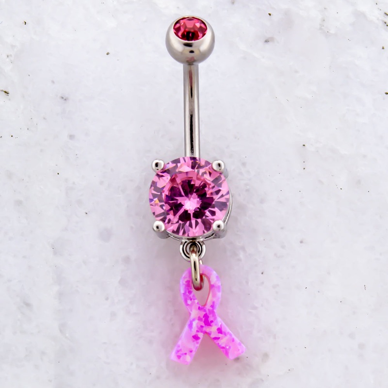 14G Breast Cancer Awareness Opal Ribbon Navel Ring Pink