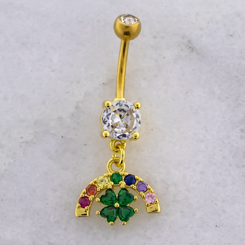 14G Rainbow Clover Navel Ring Gold