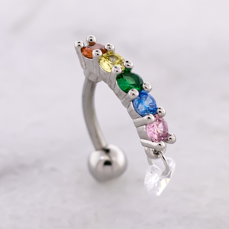 14G Rainbow Gems With Heart Navel Ring Rainbow