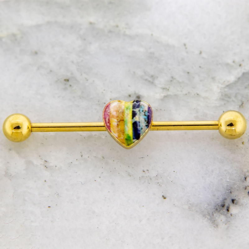14G Rainbow Heart Industrial Barbell Gold
