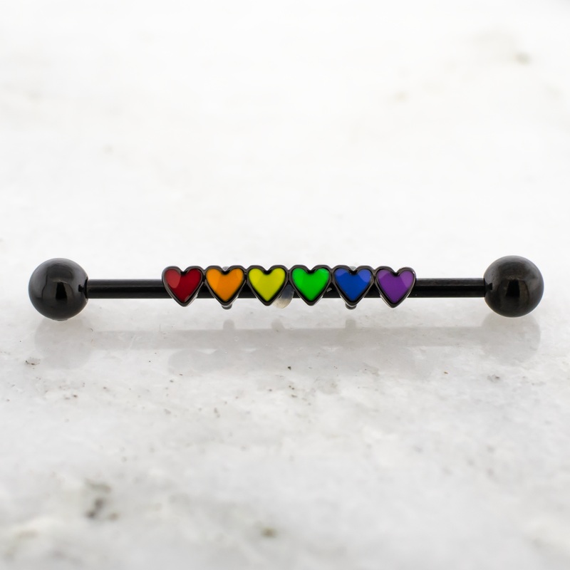 14G Rainbow of Hearts Industrial Barbell Black