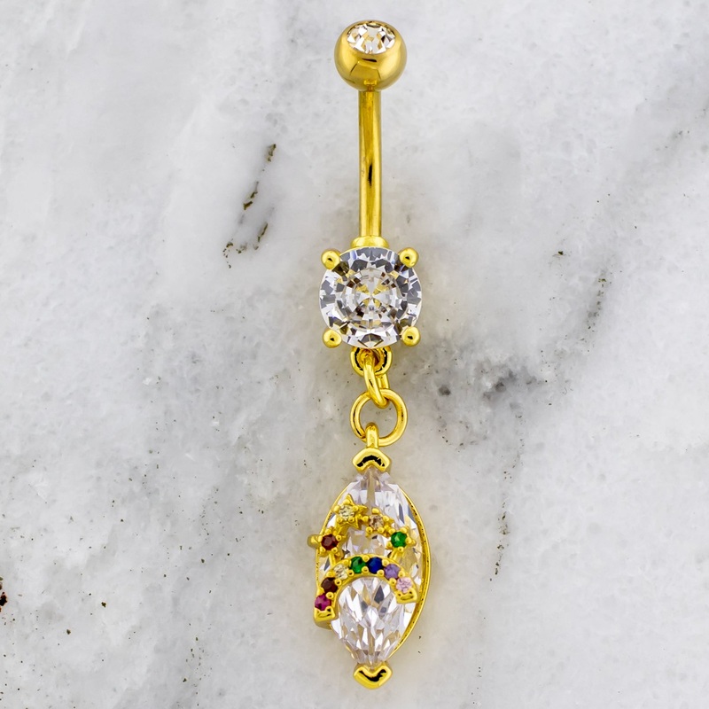 14G Rainbow Prism Teardrop Navel Ring Gold