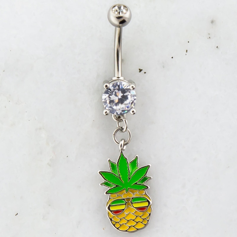 14G Rasta Pot Leaf Pineapple Navel Ring Green