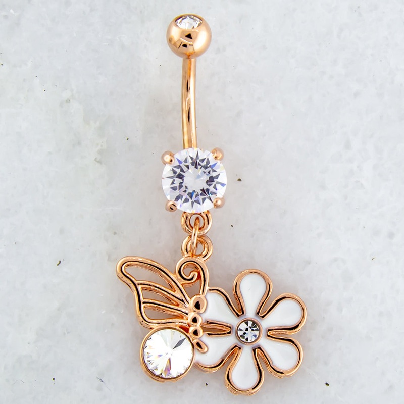 14G Rose Gold Butterfly and Flower Navel Ring Rose Gold