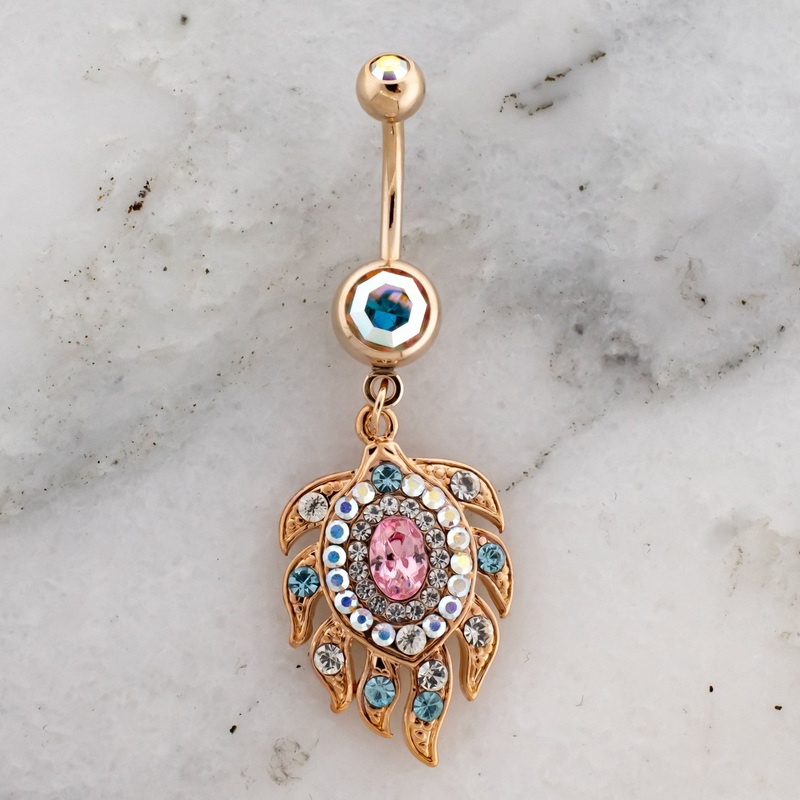 14G Rose Gold Peacock Feather Navel Ring Rose Gold