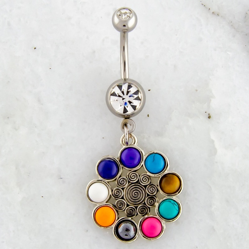 14G Sun Swirl Chakra Stone Navel Ring High Polish