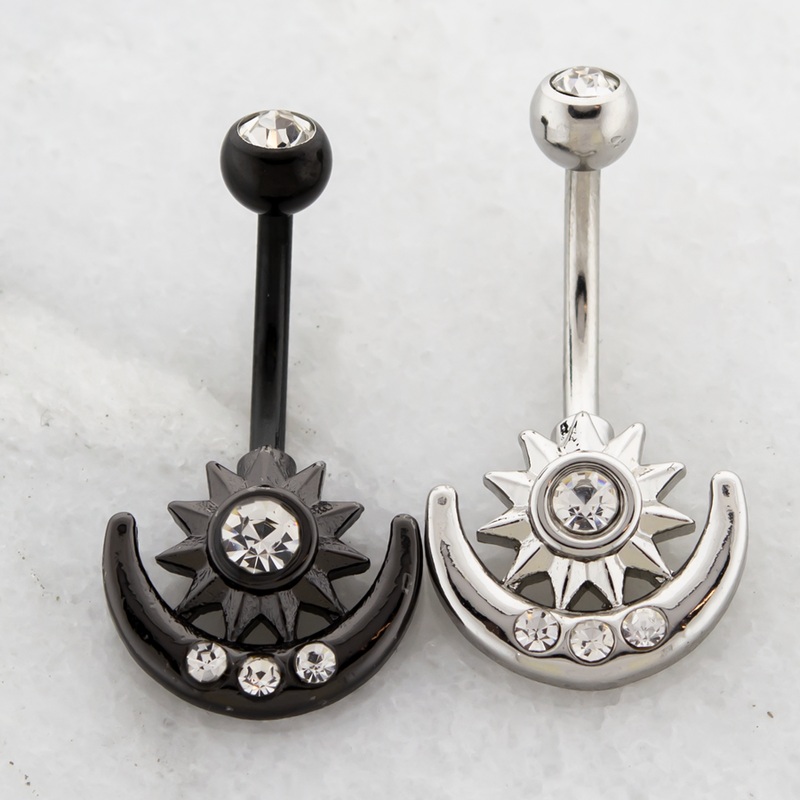 14G Sunburst and Crescent Moon Navel Ring Black