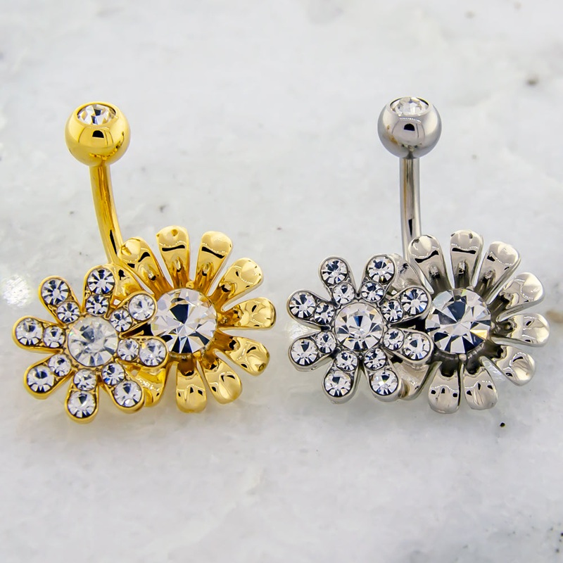 14G Sunflower And Pave Flower Navel Ring High Polish