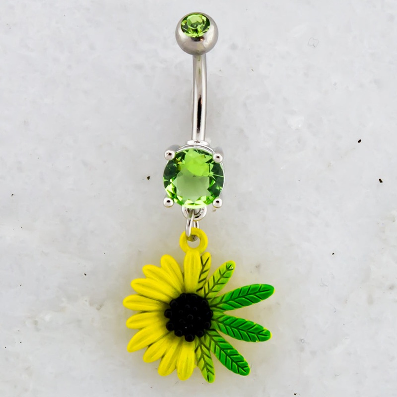 14G Sunflower Pot Leaf Navel Ring Green