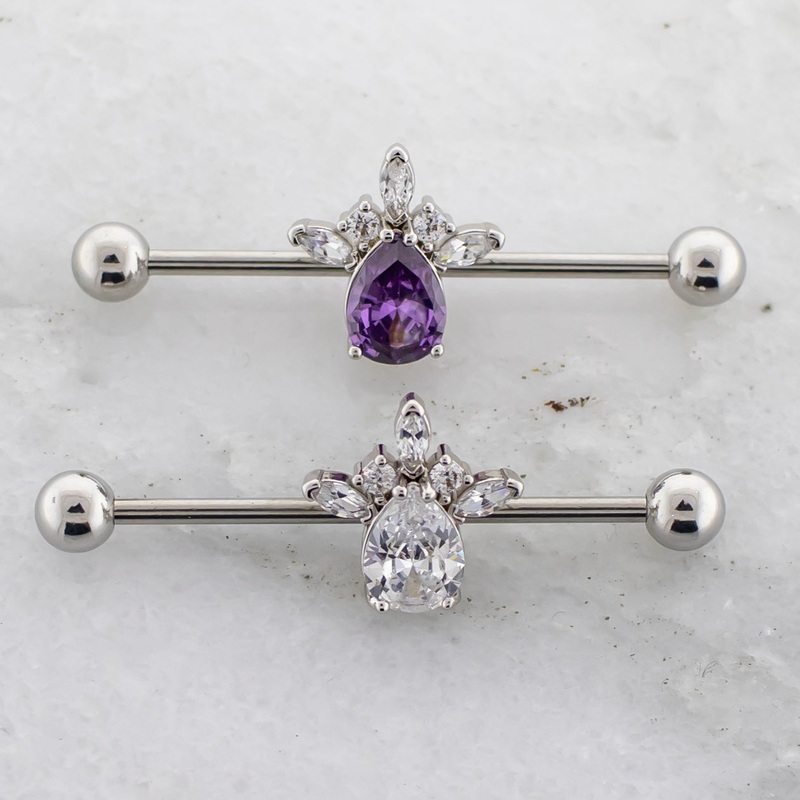 14G Teardrop Gem With Abstract Gems Industrial Barbell Clear