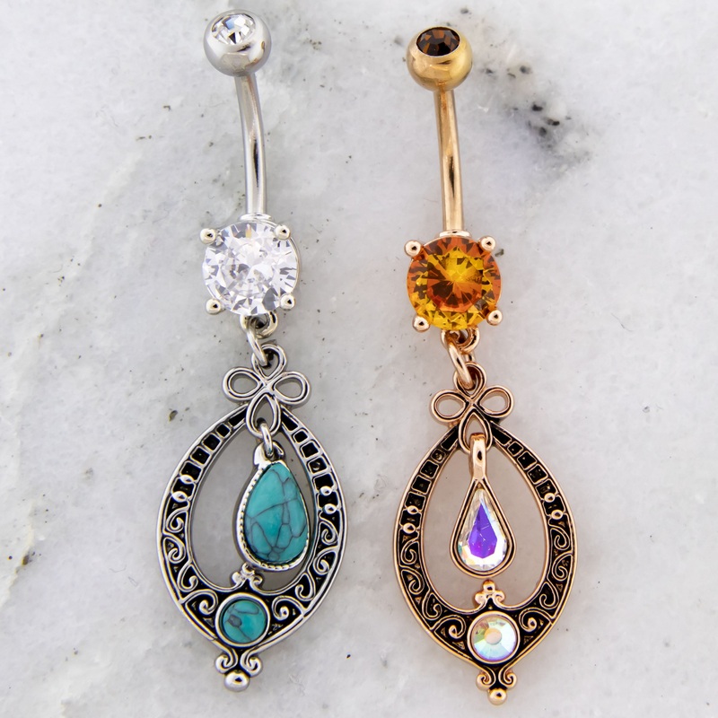 14G Tribal Gemstone Navel Ring High Polish / Turquoise Dyed Howlite
