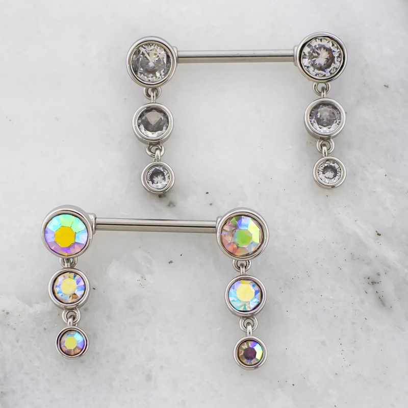 14G Triple Gem Drop Nipple Barbell Aurora Borealis